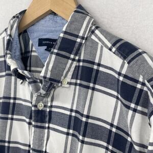 TOMMY HILFIGER Shirt Mens L Lightweight Flannel Plaid Cotton Stretch Blue White